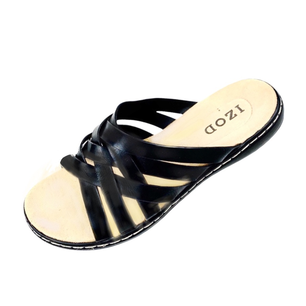 Izod Womens Black Leather Strappy Slip On Sandal Size 7